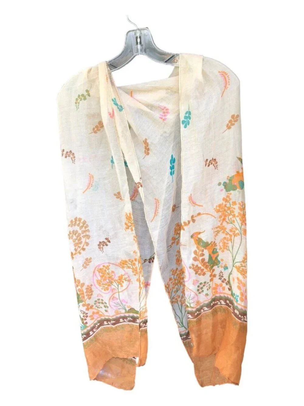 Multi Color Leaf Print Bird Accent Boho Rectangle Sheer Scarf READ